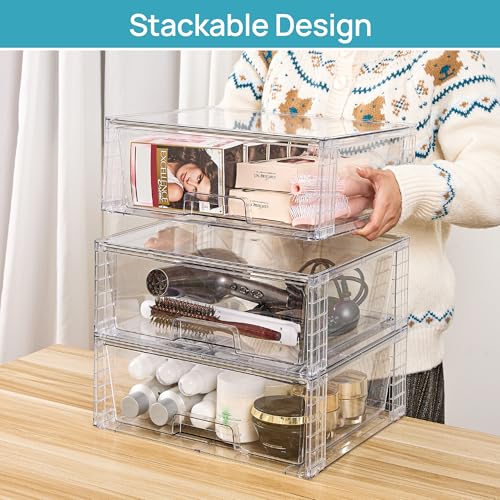 Vtopmart Large Stackable Storage Drawers,Easily Assemble Acrylic Bathroom Closet Undersink Organizers and Storage,Plastic Storage Bins for Kitchen Cabinets,Pantry,Makeup,Medicine Organization