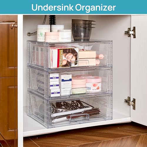 Vtopmart Large Stackable Storage Drawers,Easily Assemble Acrylic Bathroom Closet Undersink Organizers and Storage,Plastic Storage Bins for Kitchen Cabinets,Pantry,Makeup,Medicine Organization