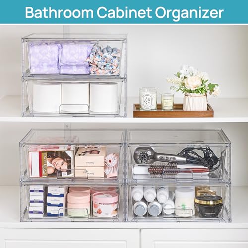 Vtopmart Large Stackable Storage Drawers,Easily Assemble Acrylic Bathroom Closet Undersink Organizers and Storage,Plastic Storage Bins for Kitchen Cabinets,Pantry,Makeup,Medicine Organization