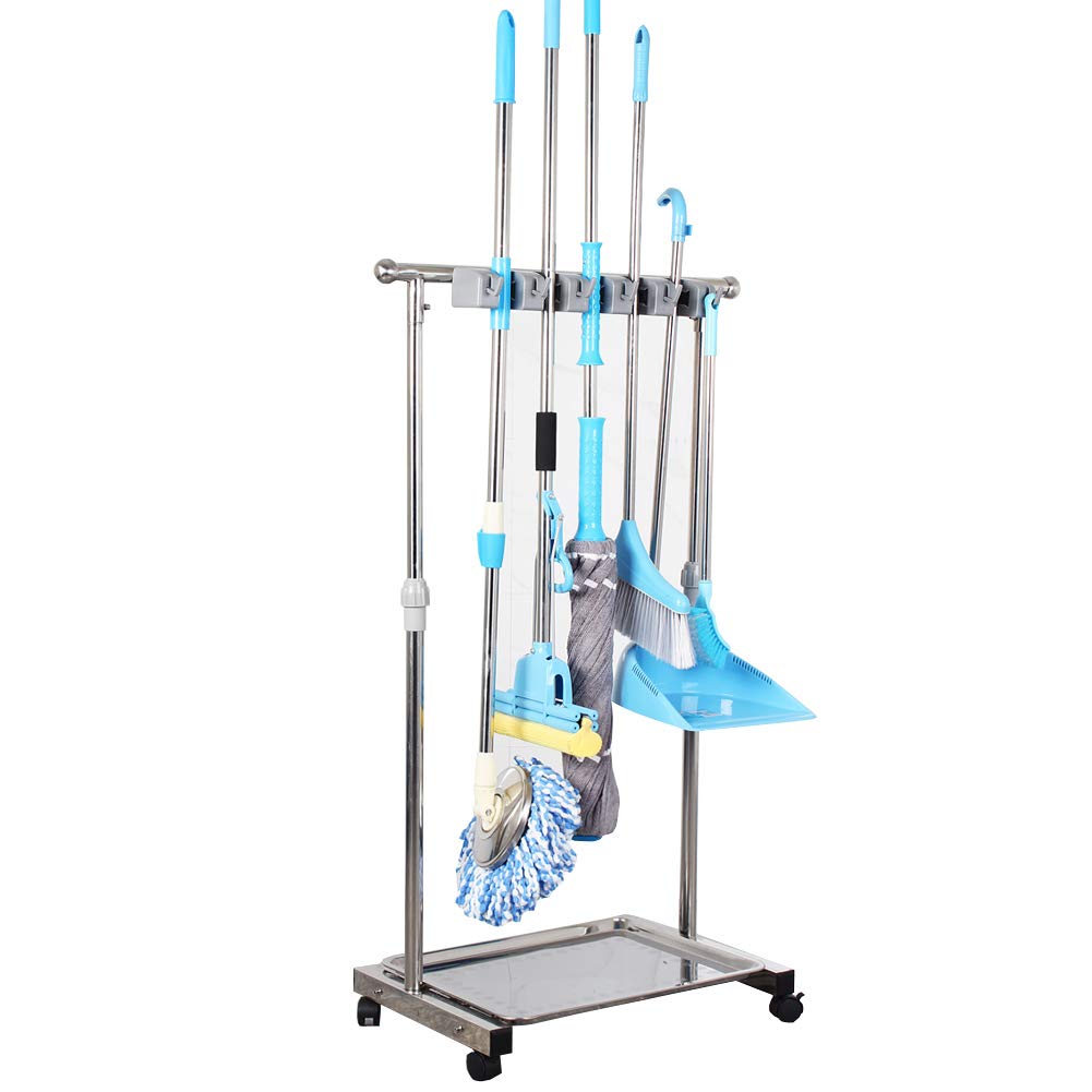 QTJH Broom And Mop Holder Put Wet Mops Movable Floor-Mounted Mop Rack Floor Standing Cleaning Tool Cart Storage For Garden Garage Schools, Hospitals, Factories, Hotels,Property Companies