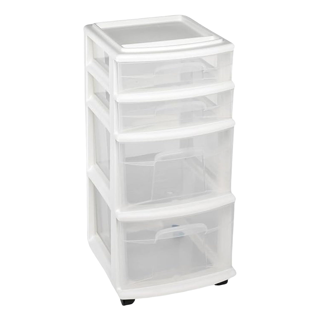 HOMZ Drawer Tower, 4-Tier Clear Plastic Storage Organizer Cart - Organizing Containers with Wheels for Home, Bathroom, Bedroom, Office, and Classroom
