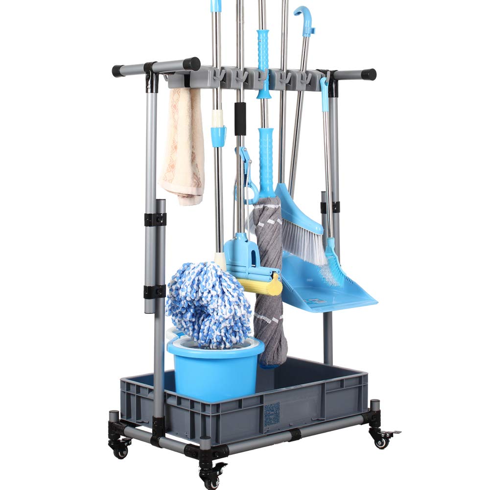 QTJH Broom And Mop Holder Put Wet Mops Movable Floor-Mounted Mop Rack Floor Standing Cleaning Tool Cart Storage For Garden Garage Schools, Hospitals, Factories, Hotels,Property Companies