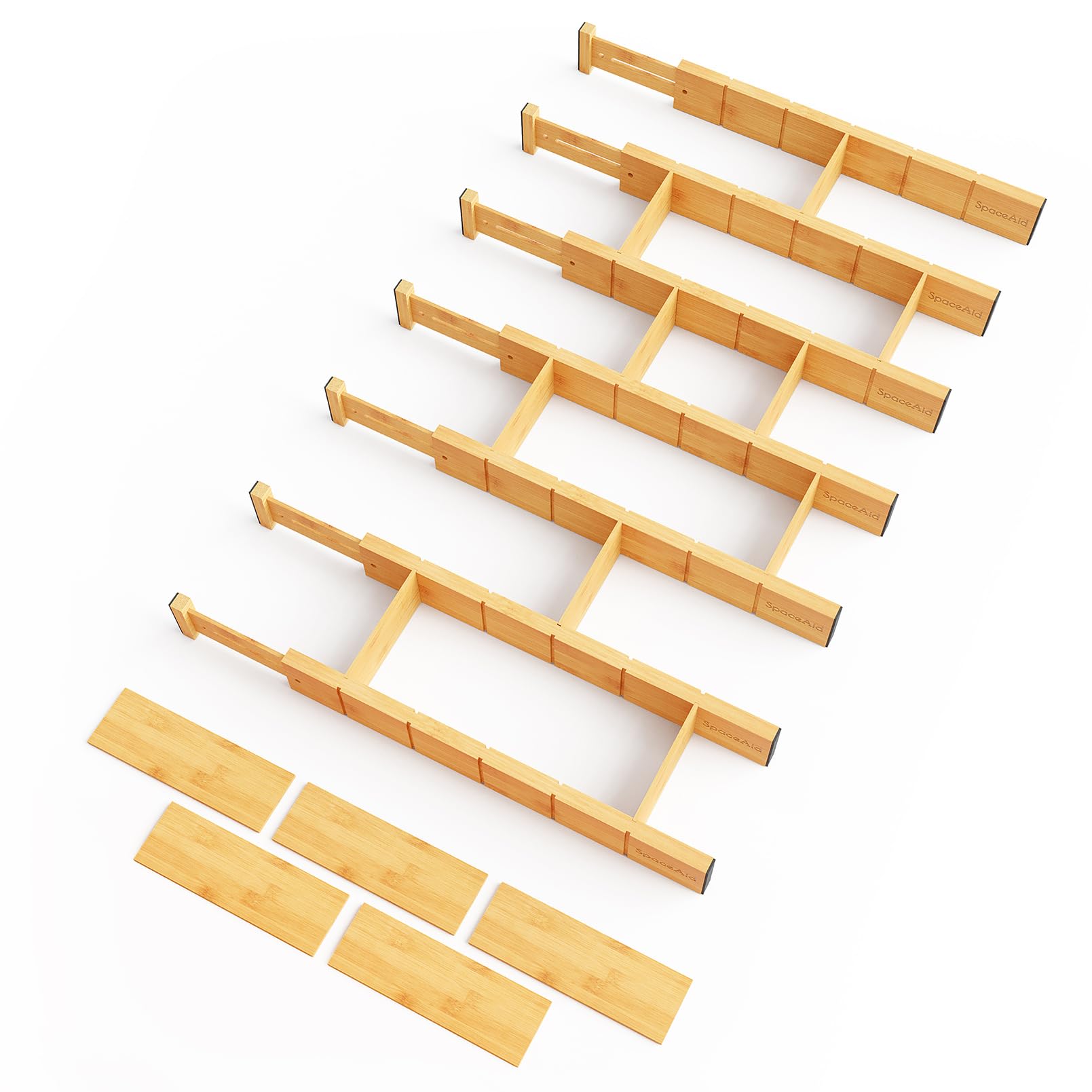 SpaceAid Bamboo Drawer Dividers with Inserts and Labels, Kitchen Adjustable Drawer Organizers, Expandable Organization for Home, Office, Dressers, 4 Dividers with 9 Inserts