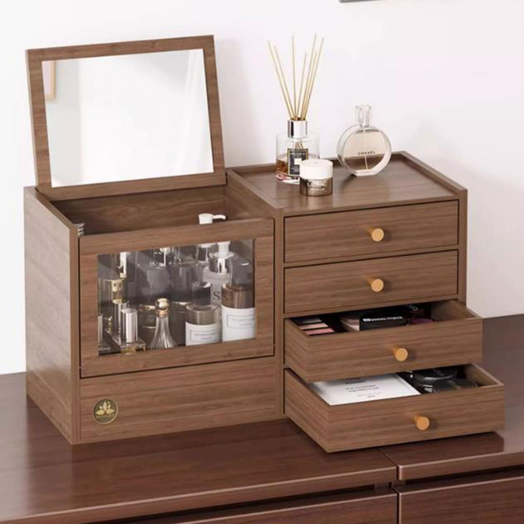 SHENJIA Wooden Makeup Organizer with 4 Drawers and Built-in Mirror - Solid Wood Storage Box for Makeup Accessories and Jewelry - Compact Dressing Table Organizer