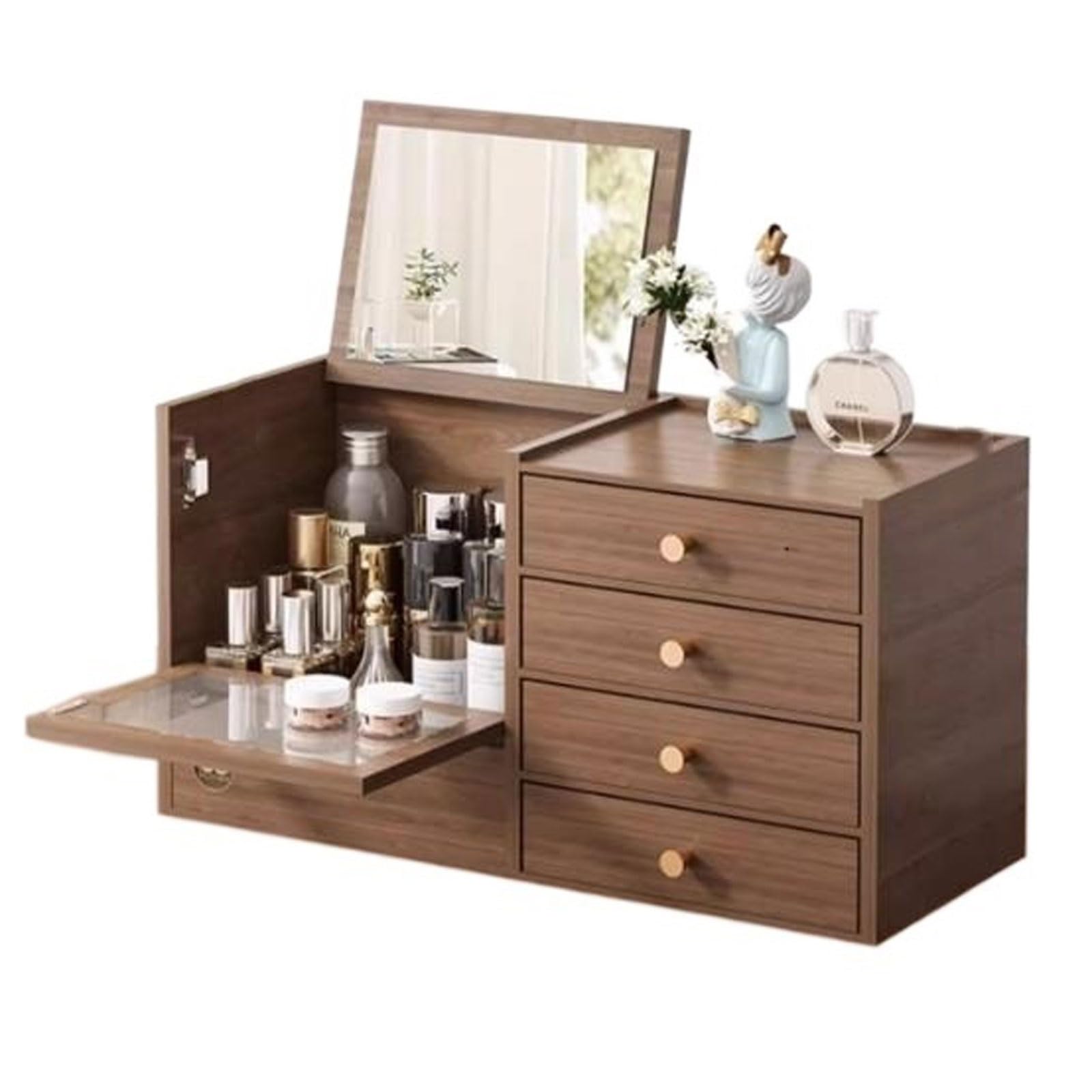 SHENJIA Wooden Makeup Organizer with 4 Drawers and Built-in Mirror - Solid Wood Storage Box for Makeup Accessories and Jewelry - Compact Dressing Table Organizer