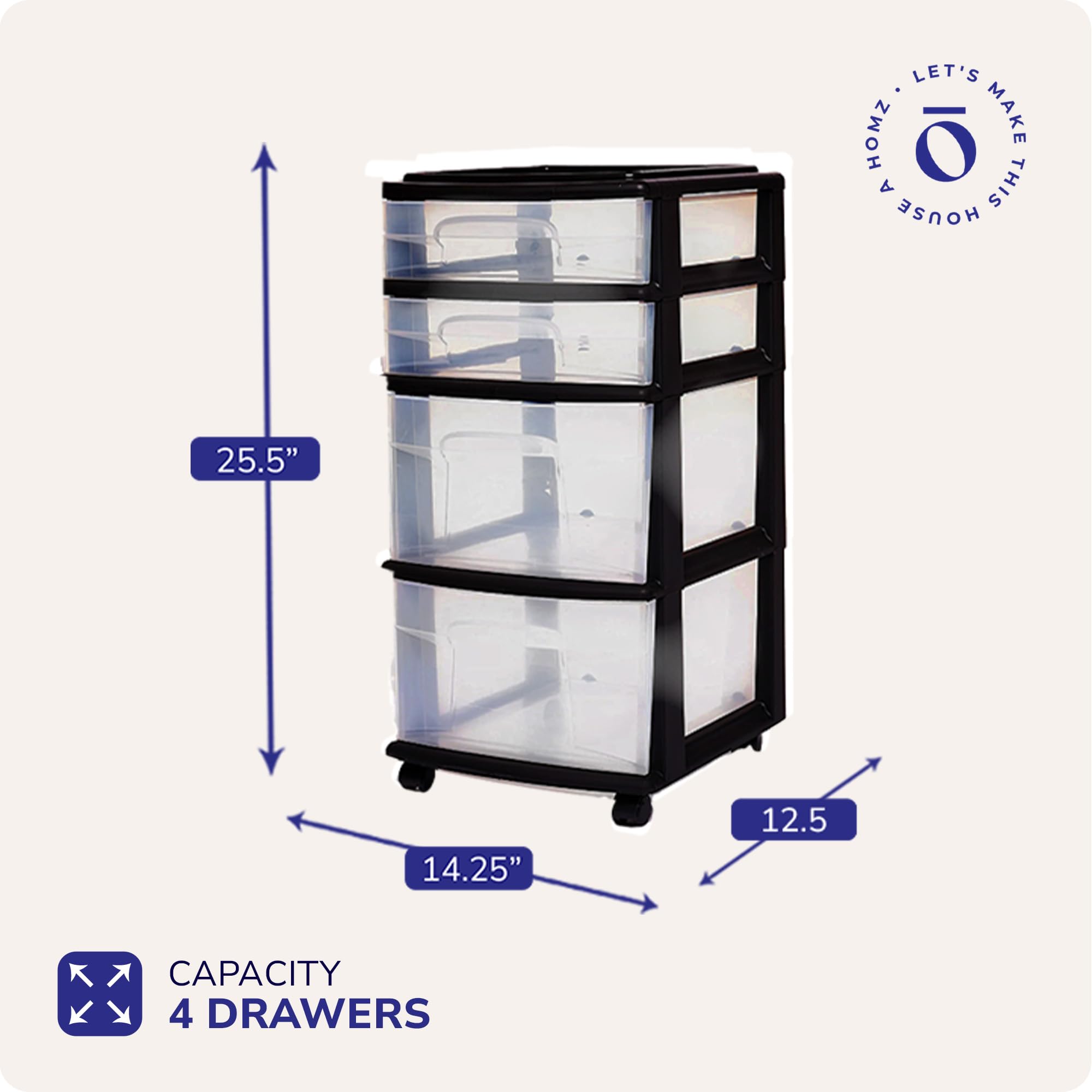 HOMZ Drawer Tower, 4-Tier Clear Plastic Storage Organizer Cart - Organizing Containers with Wheels for Home, Bathroom, Bedroom, Office, and Classroom