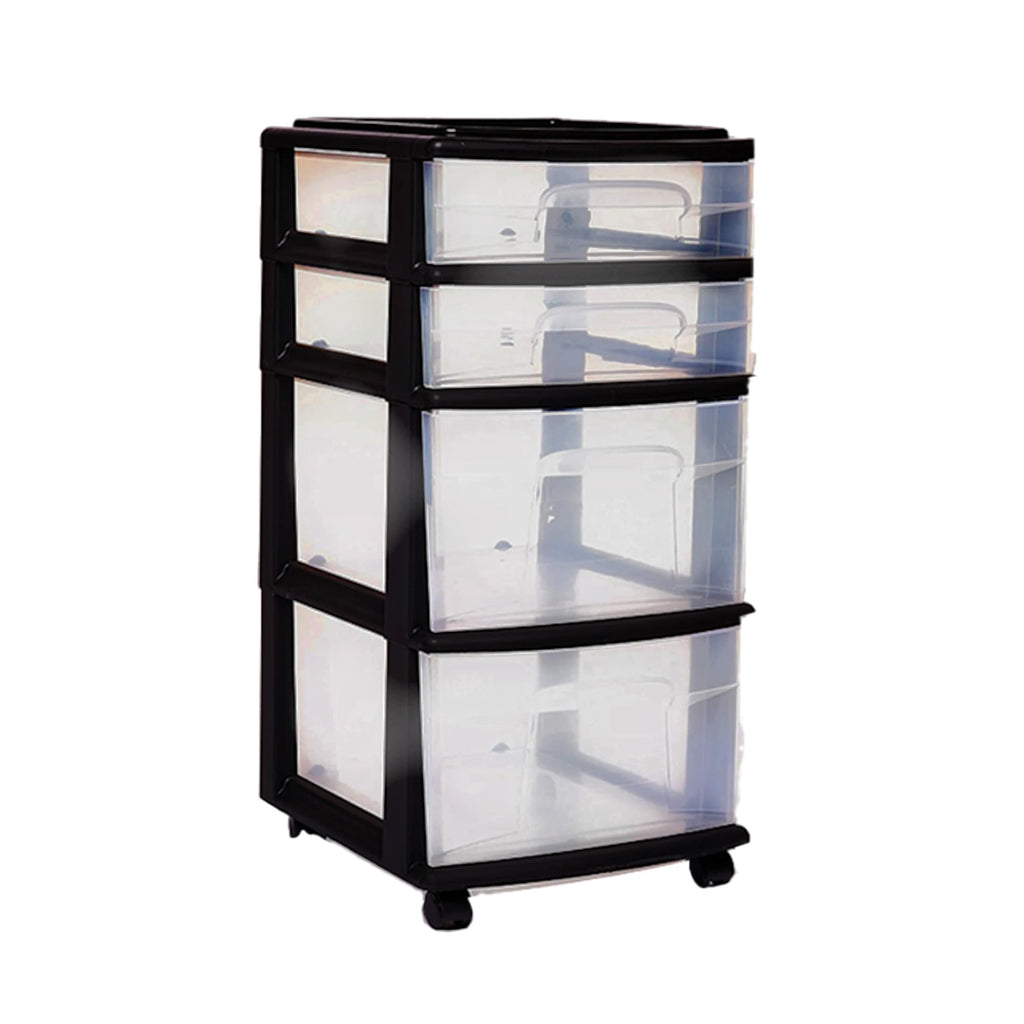 HOMZ Drawer Tower, 4-Tier Clear Plastic Storage Organizer Cart - Organizing Containers with Wheels for Home, Bathroom, Bedroom, Office, and Classroom
