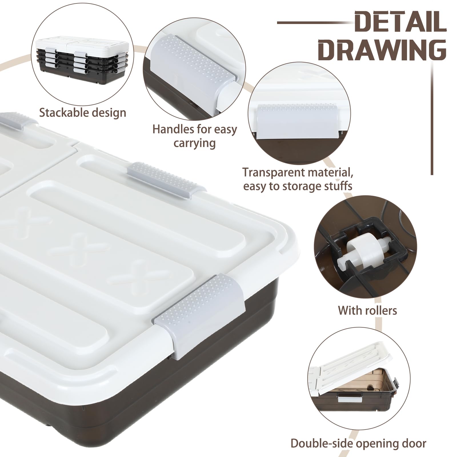 Beeveer 4 Pcs Plastic Under Bed Storage Container with Double Opening Lid Wheel Handle, Transparent Large Capacity Stackable Latching Festival Storage Bin for Closet Bedroom, 31.5x15.8x5.2 In