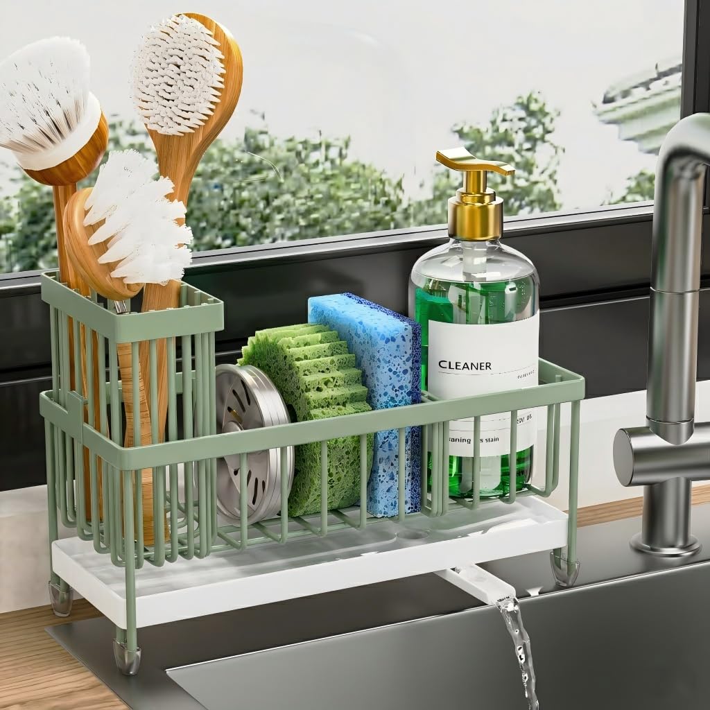 Cisily Sponge Holder for Kitchen Sink, Sink Caddy Organizer with High Brush Holder, Kitchen Countertop Organizers and Storage Essentials