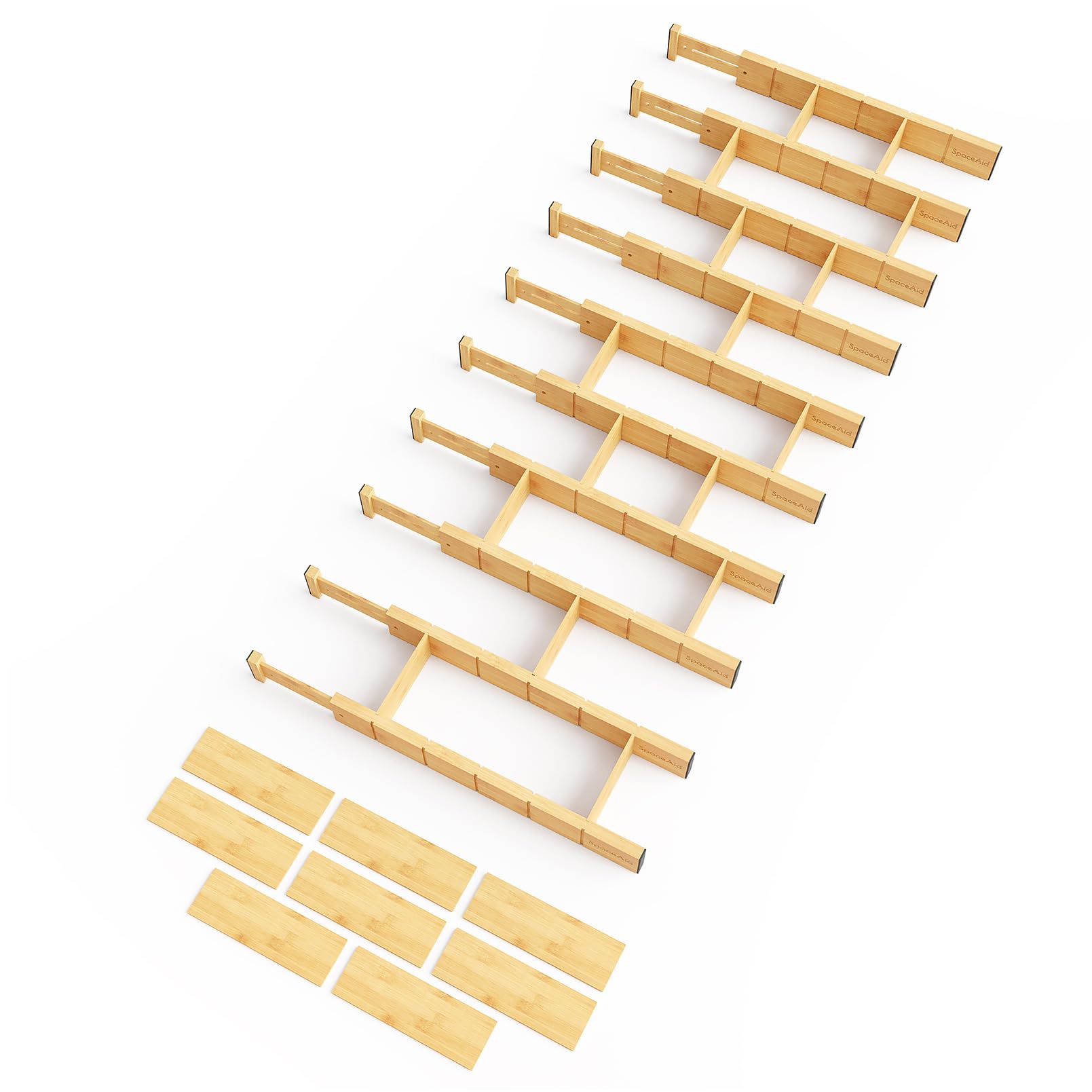 SpaceAid Bamboo Drawer Dividers with Inserts and Labels, Kitchen Adjustable Drawer Organizers, Expandable Organization for Home, Office, Dressers, 4 Dividers with 9 Inserts