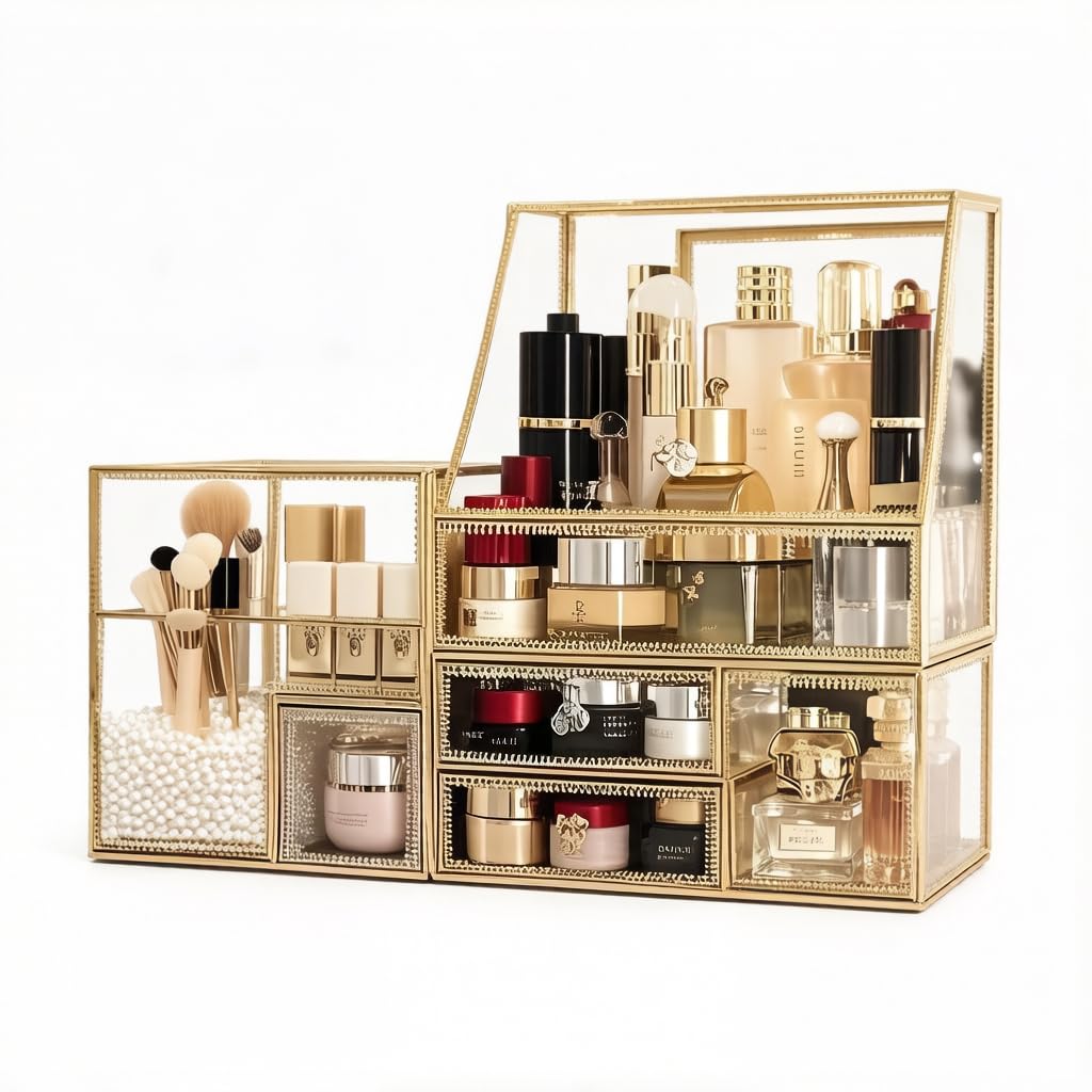 Glass Bathroom Organizer Stackable Drawer Set Makeup Organizer for Vanity Antique Countertop Cosmetic Storage Box Mirror Glass Beauty Display, Holder for Brushes Lipsticks Skincare Toner/free Pearl