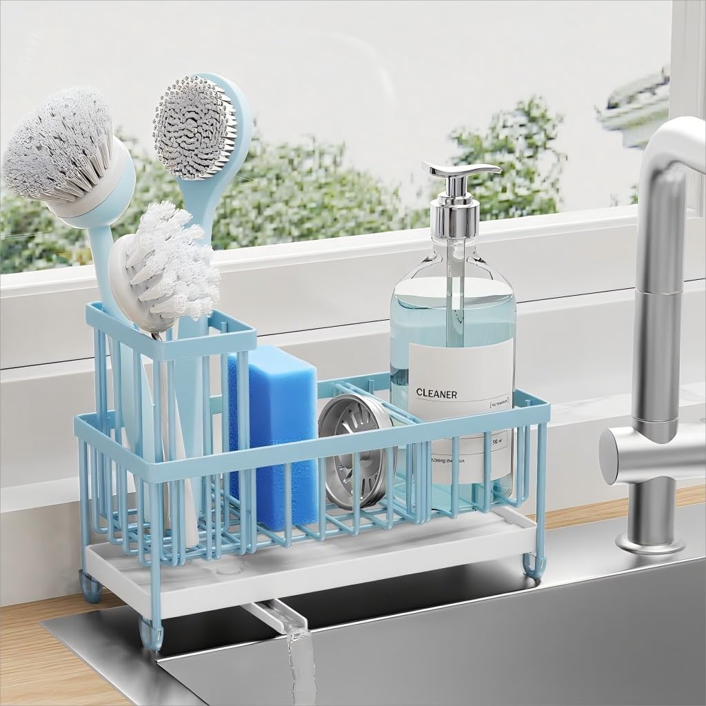 Cisily Sponge Holder for Kitchen Sink, Sink Caddy Organizer with High Brush Holder, Kitchen Countertop Organizers and Storage Essentials