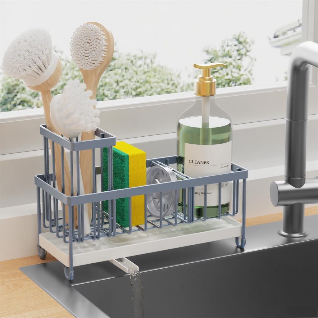 Cisily Sponge Holder for Kitchen Sink, Sink Caddy Organizer with High Brush Holder, Kitchen Countertop Organizers and Storage Essentials