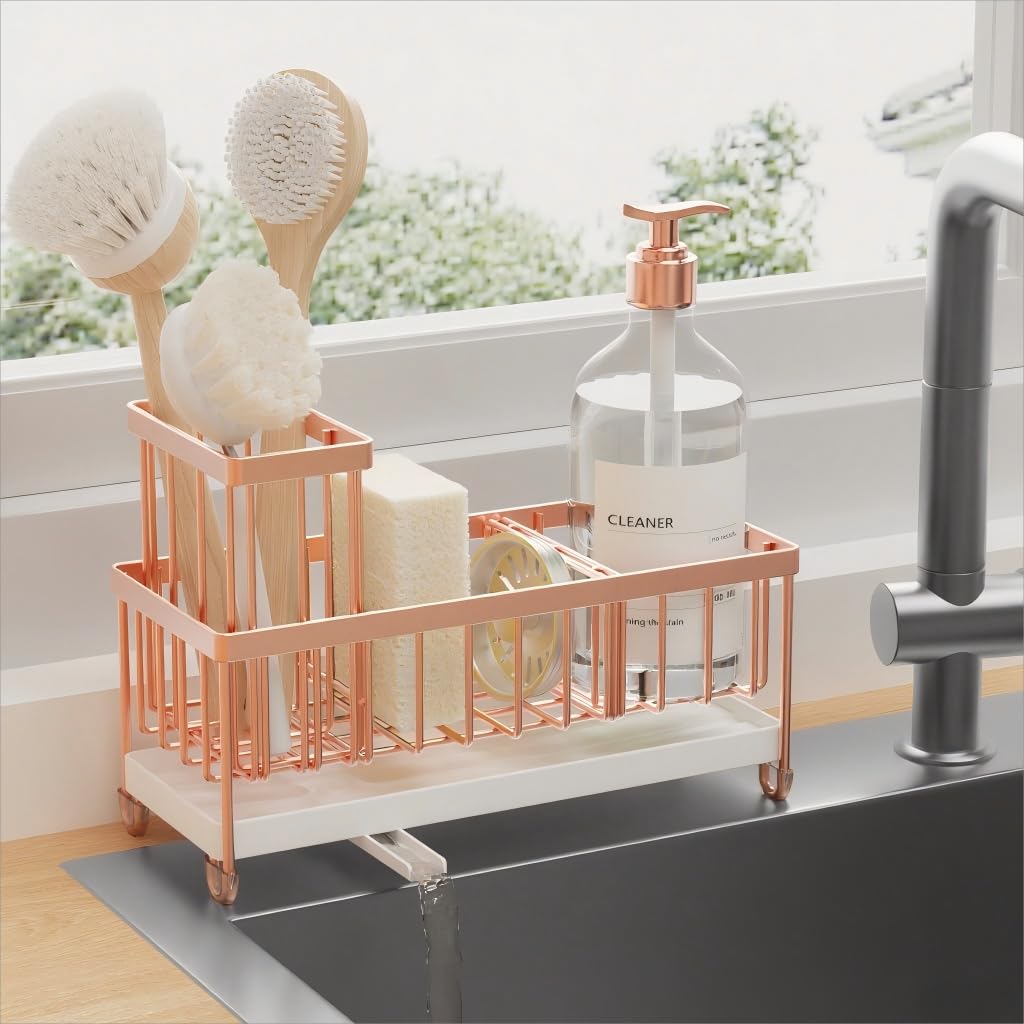 Cisily Sponge Holder for Kitchen Sink, Sink Caddy Organizer with High Brush Holder, Kitchen Countertop Organizers and Storage Essentials