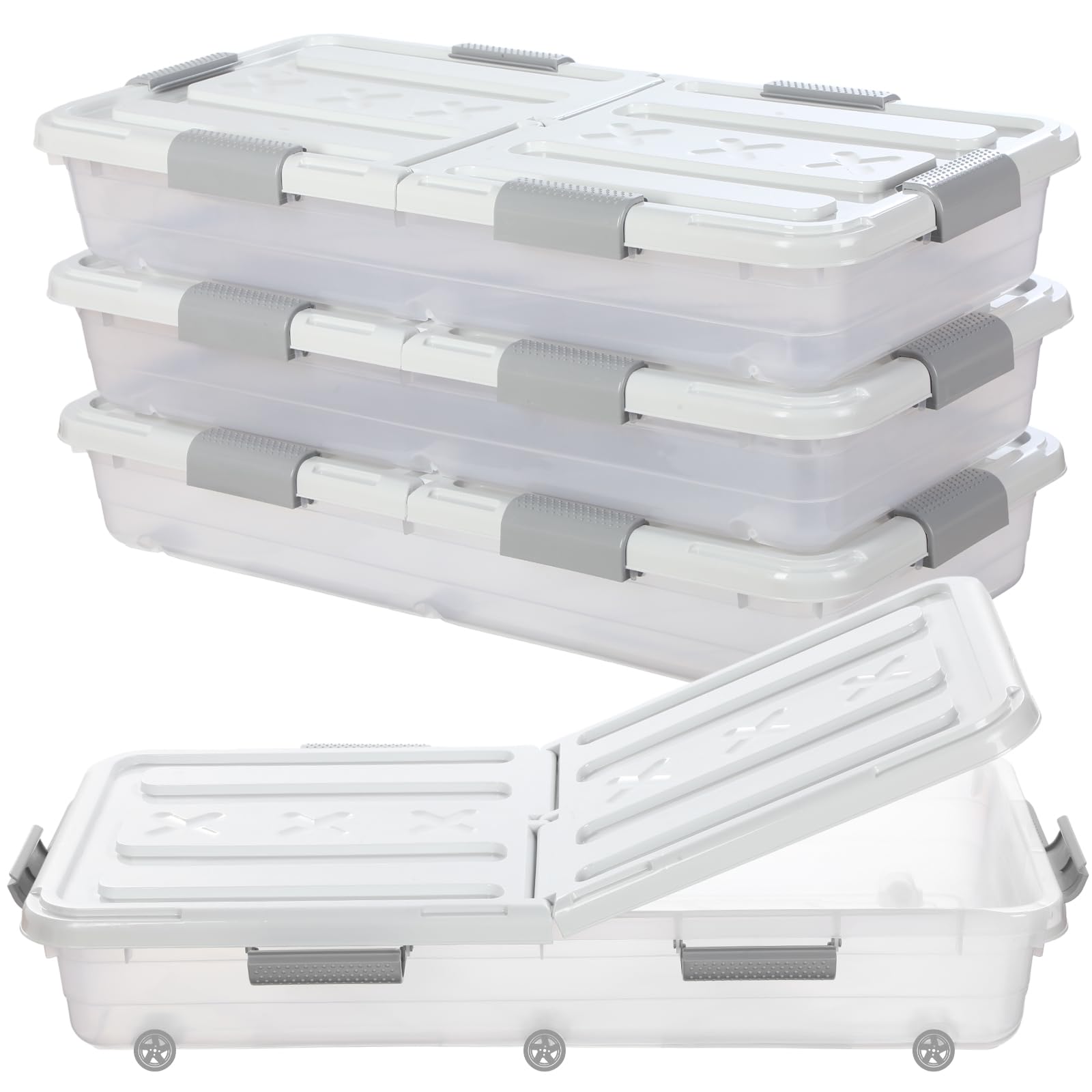 Beeveer 4 Pcs Plastic Under Bed Storage Container with Double Opening Lid Wheel Handle, Transparent Large Capacity Stackable Latching Festival Storage Bin for Closet Bedroom, 31.5x15.8x5.2 In