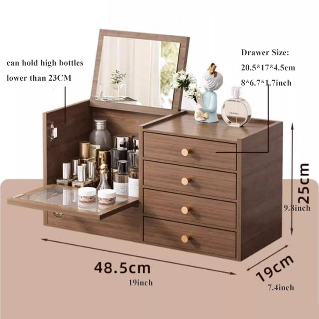 SHENJIA Wooden Makeup Organizer with 4 Drawers and Built-in Mirror - Solid Wood Storage Box for Makeup Accessories and Jewelry - Compact Dressing Table Organizer
