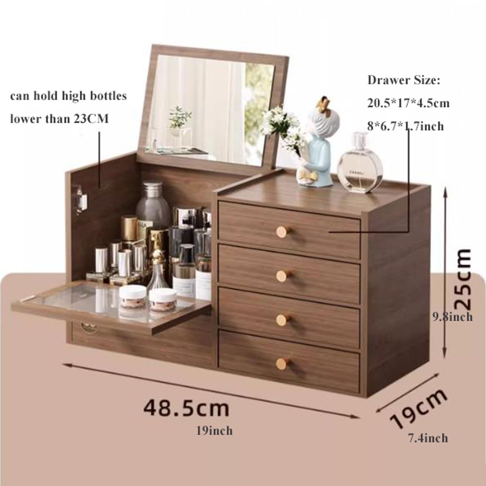 SHENJIA Wooden Makeup Organizer with 4 Drawers and Built-in Mirror - Solid Wood Storage Box for Makeup Accessories and Jewelry - Compact Dressing Table Organizer