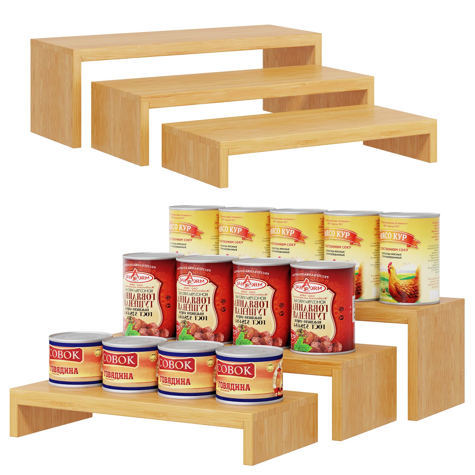 2 Sets Bamboo Can Organizer for Pantry, 3-Tier 6-Piece Adjustable Cabinet Can Display Rack, Soda Can Organizer Holds Up to 31 Cans, Canned Goods Storage Holder for Pantry, Cabinet, Countertop