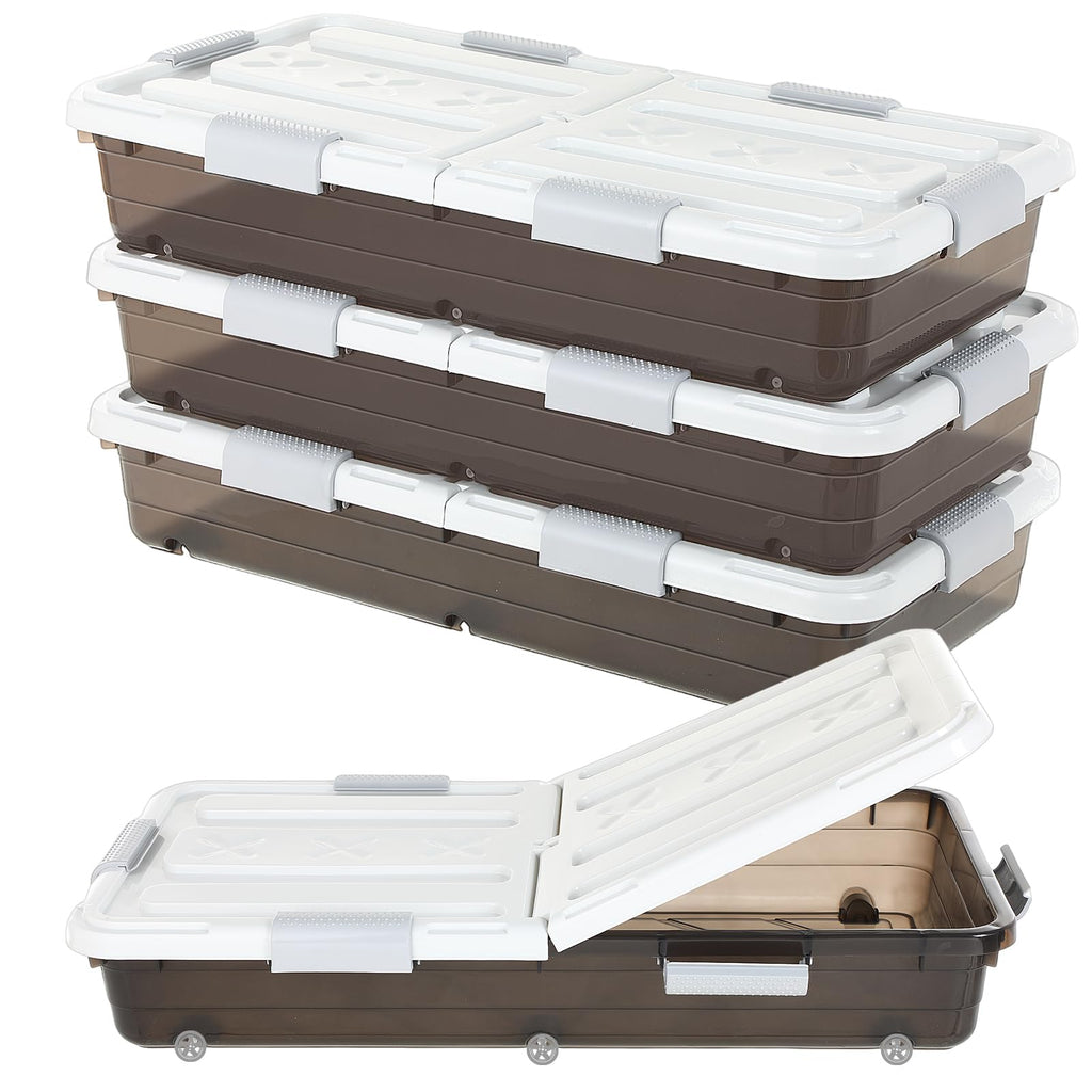 Beeveer 4 Pcs Plastic Under Bed Storage Container with Double Opening Lid Wheel Handle, Transparent Large Capacity Stackable Latching Festival Storage Bin for Closet Bedroom, 31.5x15.8x5.2 In