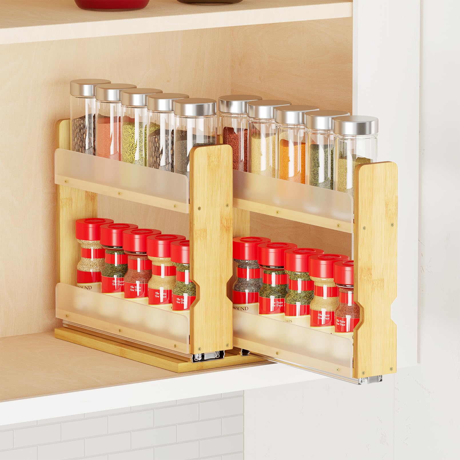 SpaceAid Bamboo Pull Out Spice Rack Organizer for Cabinet, Heavy Duty Slide Out Seasoning Kitchen Pantry Sliding Vertical Organization, 7.6" Wide, 3 Drawers(2" Wide), 2-Tier