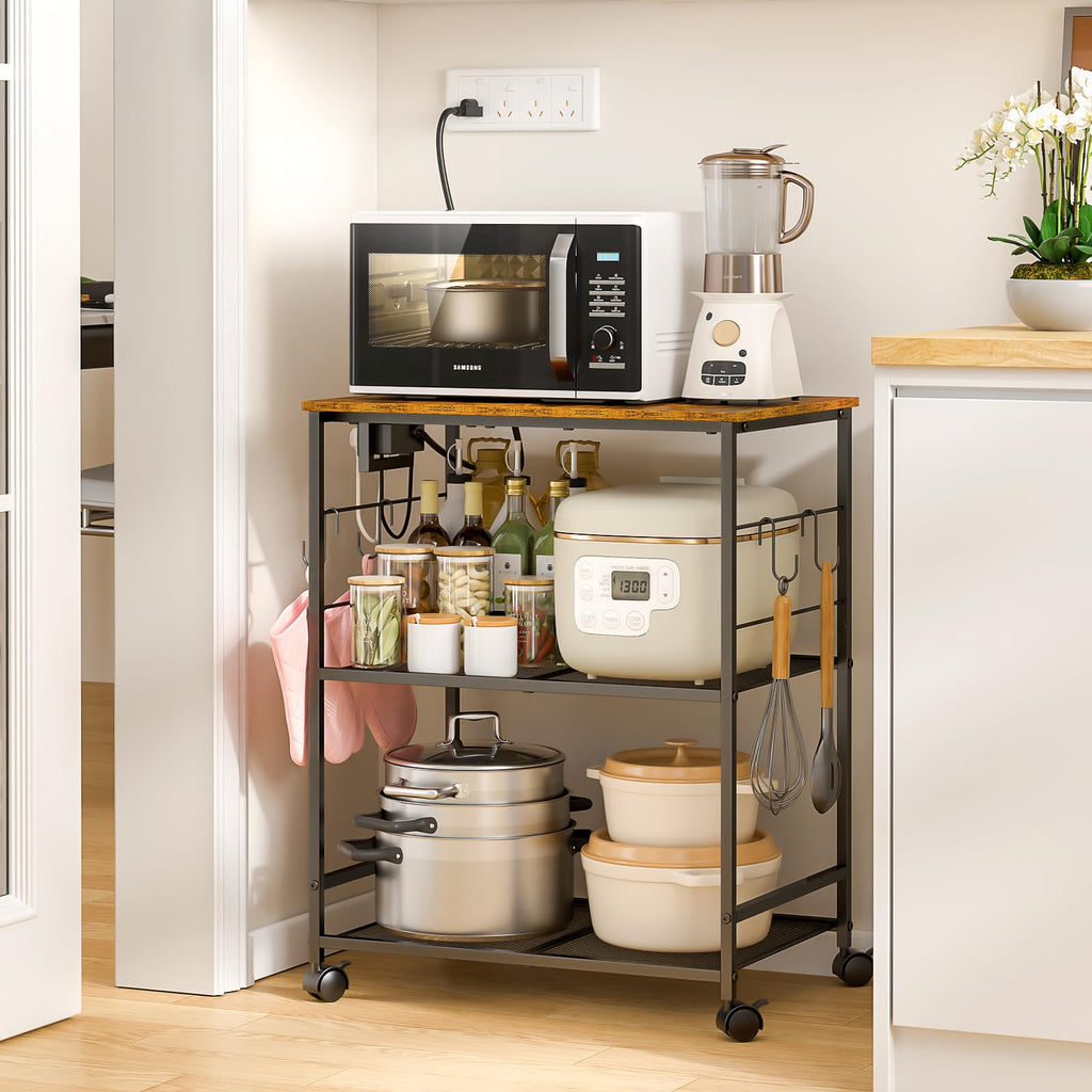 ThreeHio Rolling Kitchen Microwave Cart, 3 Tier Microwave Table Stand with Storage, Kitchen Utility Cart on Lockable Wheels, Small Coffee Cart Shelf Rack Organizer for Living Room Office, Balcony