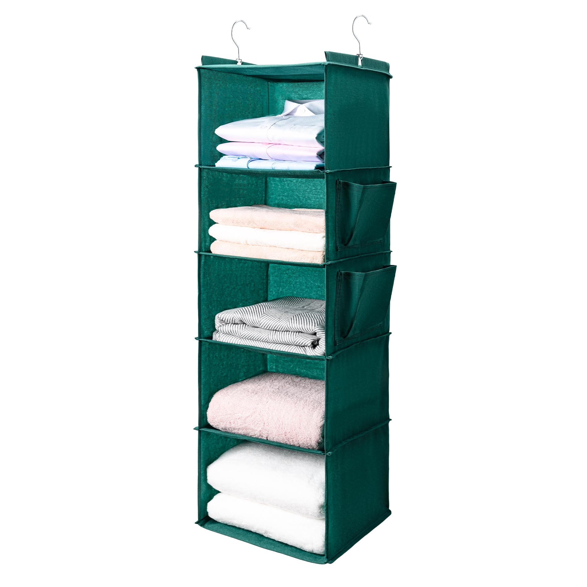 BOOMIBOO Hanging Closet Organize and Shelves，5-Hanging Shelf with 2 Side Pockets，Storage Foldable