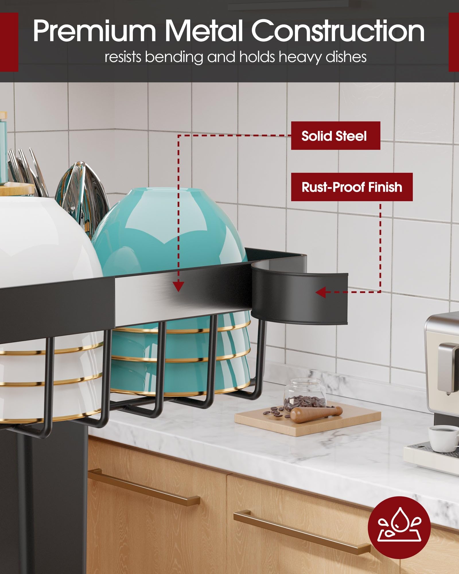 Sakugi Over The Sink Dish Drying Rack - Adjustable Stainless Steel Drainer with Cutlery & Utensil Holders, Kitchen Storage & Organization