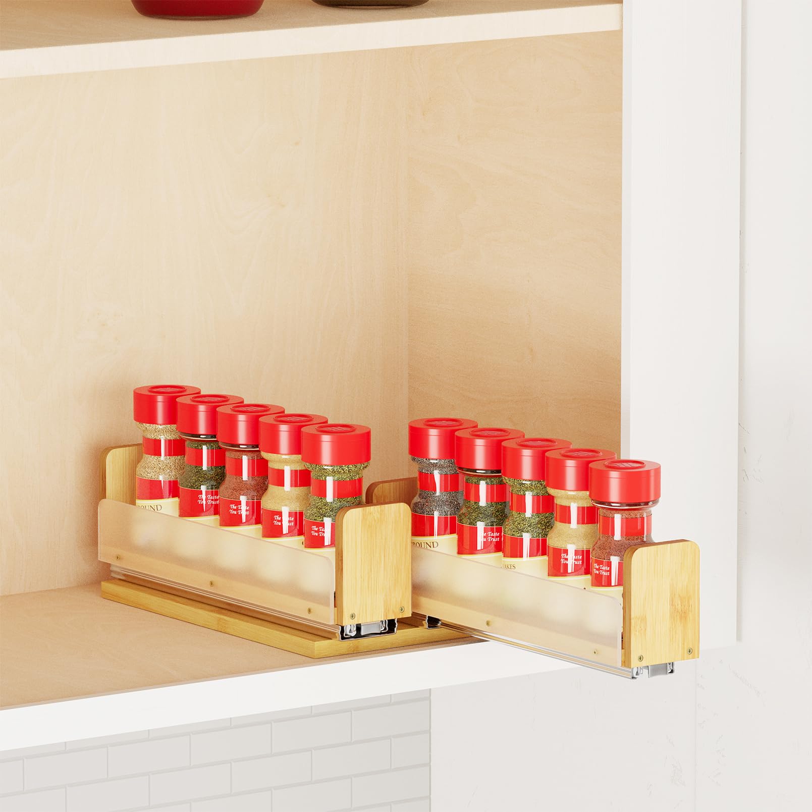 SpaceAid Bamboo Pull Out Spice Rack Organizer for Cabinet, Heavy Duty Slide Out Seasoning Kitchen Pantry Sliding Vertical Organization, 7.6" Wide, 3 Drawers(2" Wide), 2-Tier