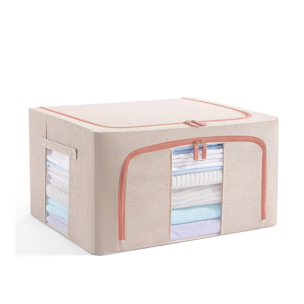 GuliPostan 3 Pack 100L Stackable Clothes Storage Bins with Metal Frame Handles & Zipper, Collapsible Closet Organizer Box with Lid for Bedding Blankets Towel (Beige)