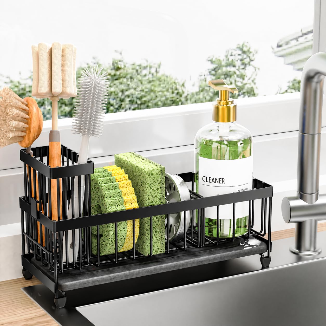 Cisily Sponge Holder for Kitchen Sink, Sink Caddy Organizer with High Brush Holder, Kitchen Countertop Organizers and Storage Essentials