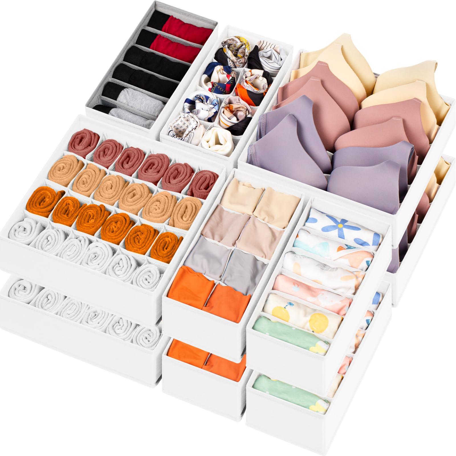 Criusia Sock Underwear Drawer Organizer Dividers, Fabric Foldable Dresser Closet Organizers and Storage Bins for Baby Clothing, Women Men Underwear Socks, Bra, Ties, Scarf