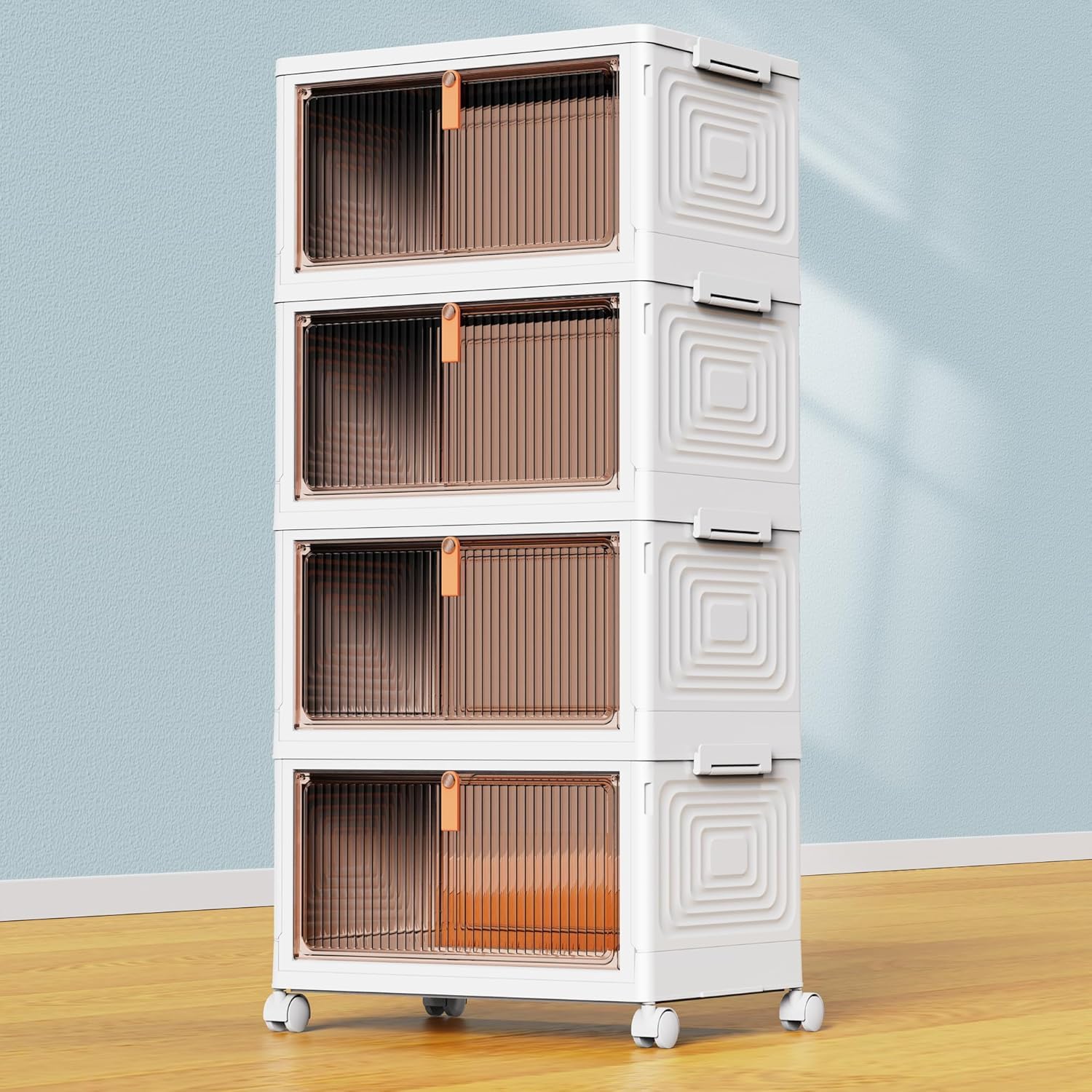 YFXCVSL 4 Tier Plastic Storage Bins with Lid 23QT, Stackable Storage Containers with Wheels, Folding Storage