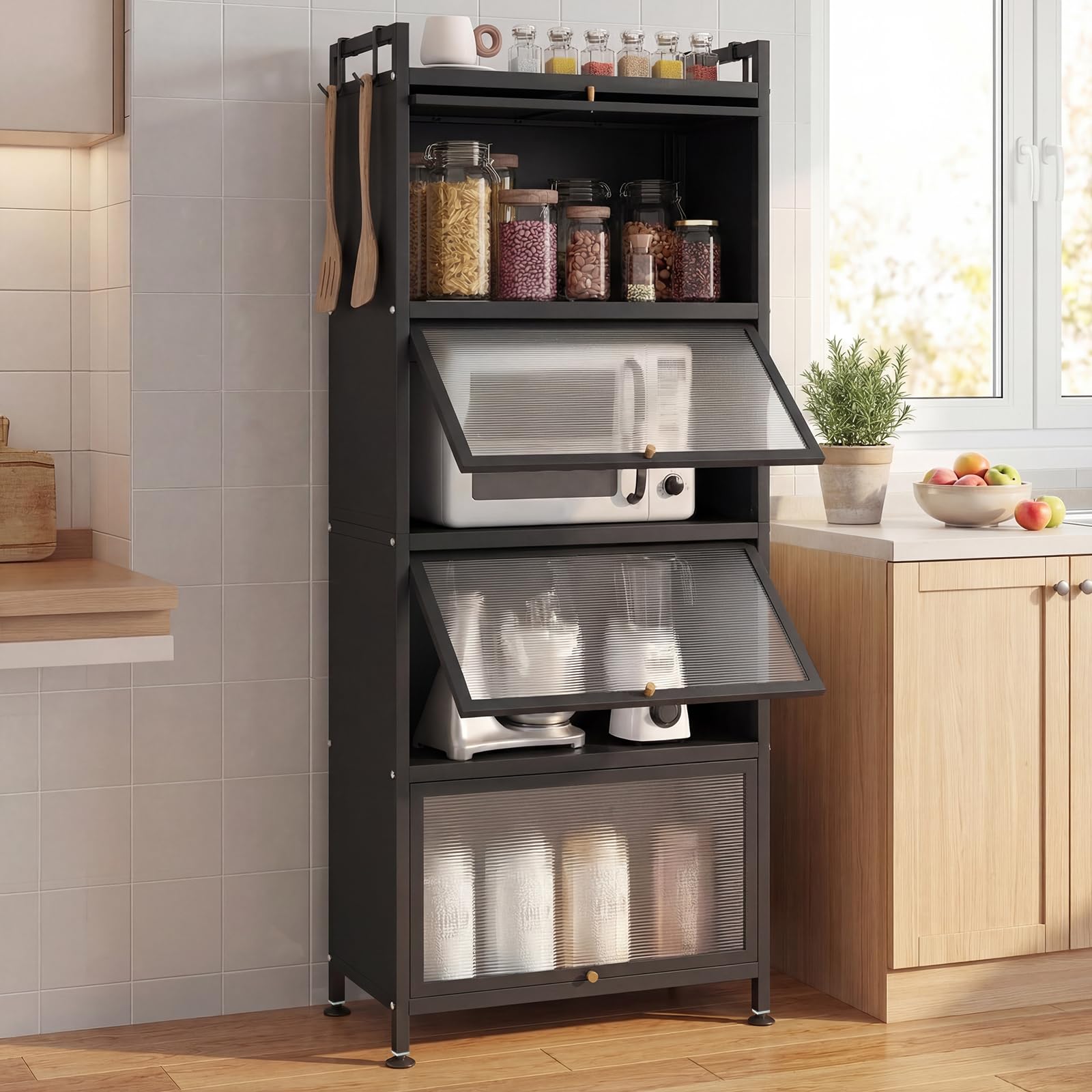 Giantex 5-Tier Kitchen Storage Cabinet, Mobile Microwave Stand with Flip-up PC Doors, Freestanding Kitchen Bakers Rack with 4 Rolling Casters, for Dining Room, Living Room and Study