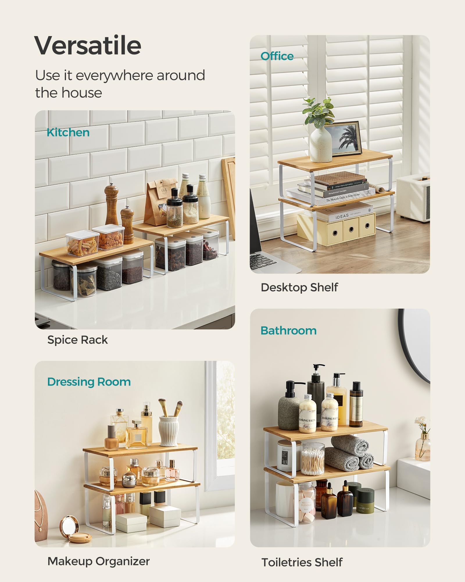 SONGMICS Cabinet Organizer Shelf, Set of 2 Kitchen Counter Shelves, Kitchen Storage, Spice Rack, Stackable, Expandable, Metal and Engineered Wood