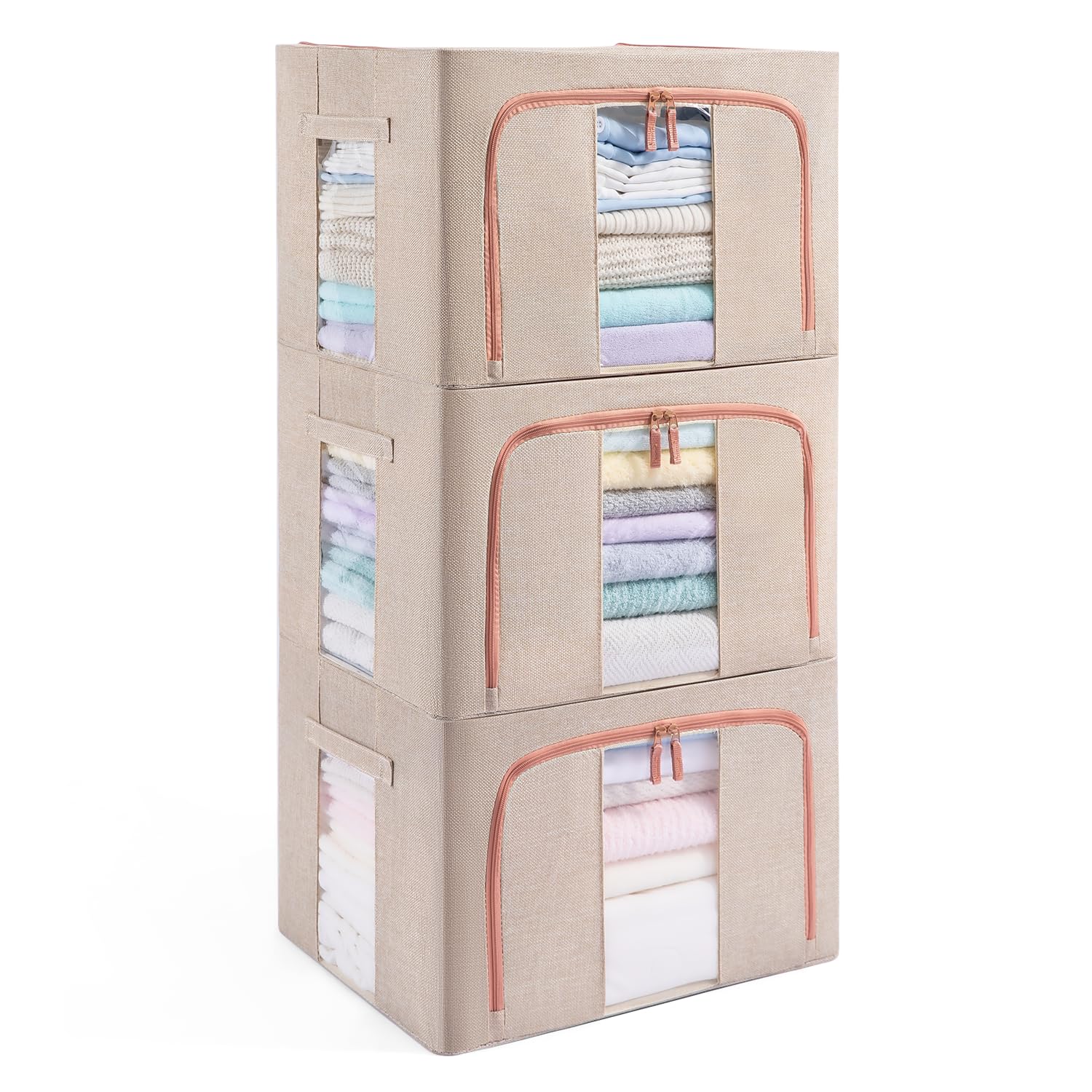 GuliPostan 3 Pack 100L Stackable Clothes Storage Bins with Metal Frame Handles & Zipper, Collapsible Closet Organizer Box with Lid for Bedding Blankets Towel (Beige)