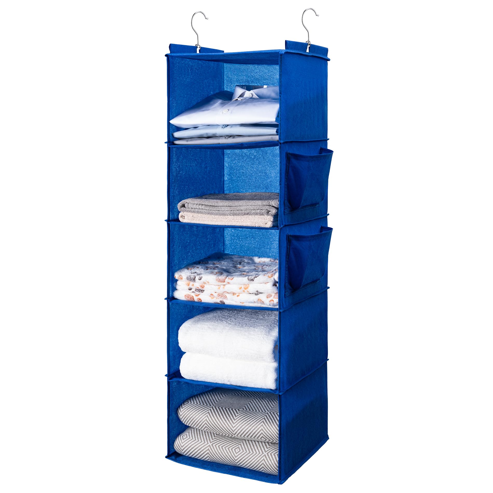 BOOMIBOO Hanging Closet Organize and Shelves，5-Hanging Shelf with 2 Side Pockets，Storage Foldable