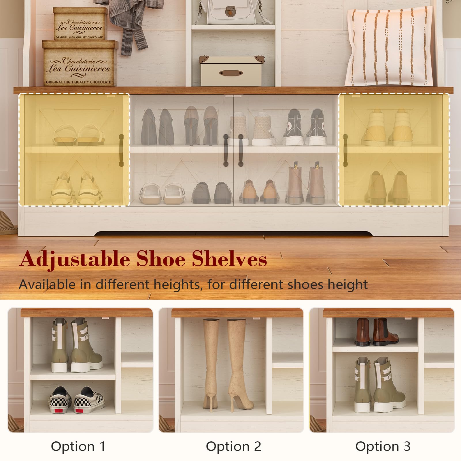 CSZZD Hall Tree with Bench and Shoe Storage, Farmhouse Entryway Bench with Coat Racks and Led Lights, Tall Hall Tree with 7 Coat Hooks, 6 Storage Cubbies