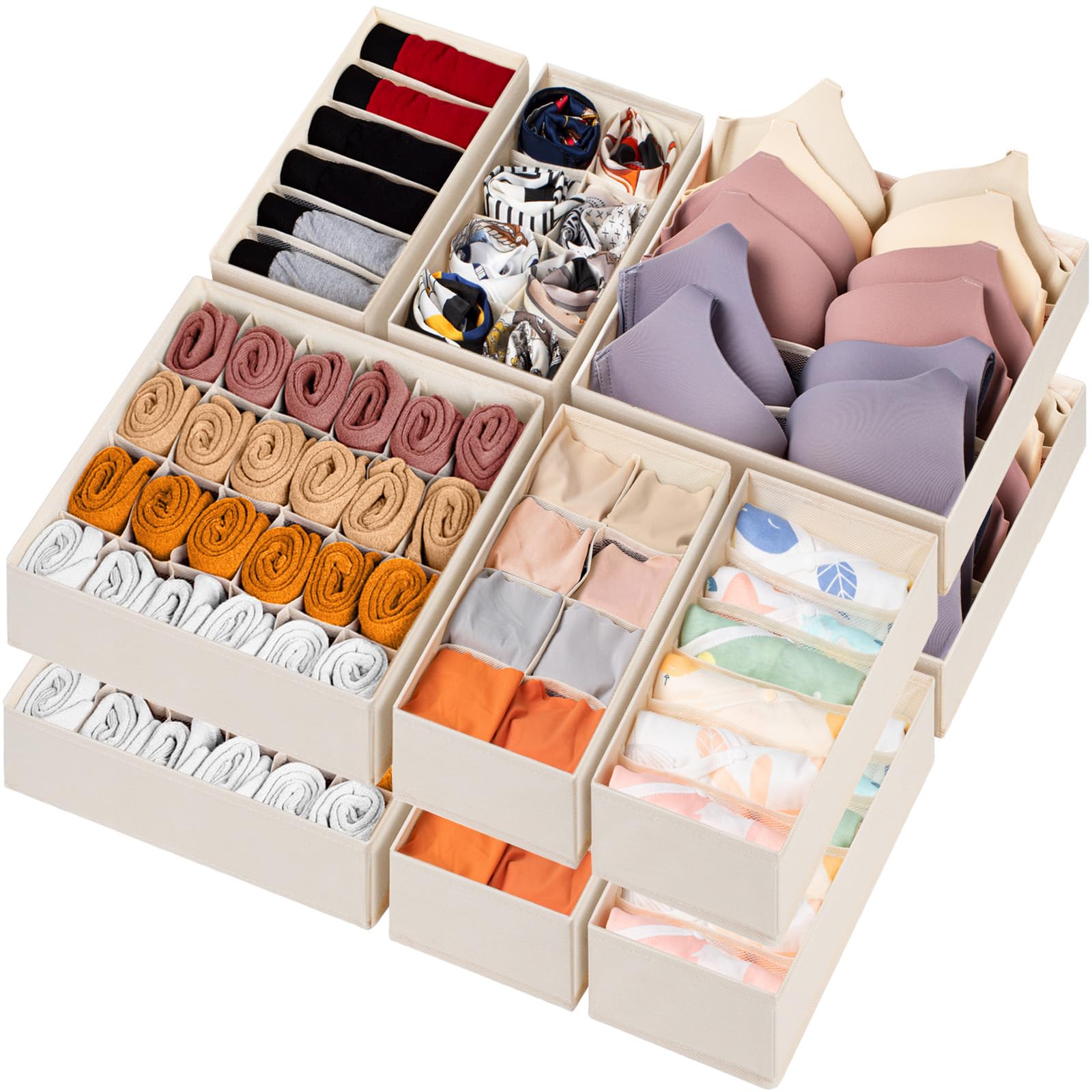 Criusia Sock Underwear Drawer Organizer Dividers, Fabric Foldable Dresser Closet Organizers and Storage Bins for Baby Clothing, Women Men Underwear Socks, Bra, Ties, Scarf