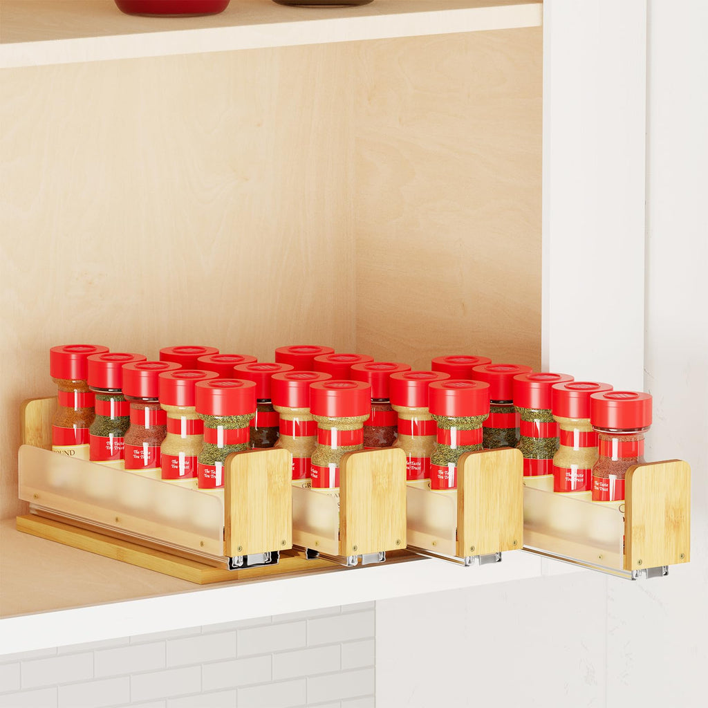SpaceAid Bamboo Pull Out Spice Rack Organizer for Cabinet, Heavy Duty Slide Out Seasoning Kitchen Pantry Sliding Vertical Organization, 7.6" Wide, 3 Drawers(2" Wide), 2-Tier