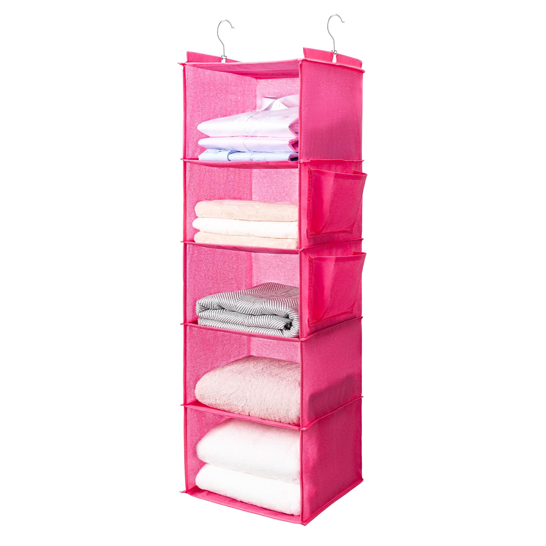 BOOMIBOO Hanging Closet Organize and Shelves，5-Hanging Shelf with 2 Side Pockets，Storage Foldable