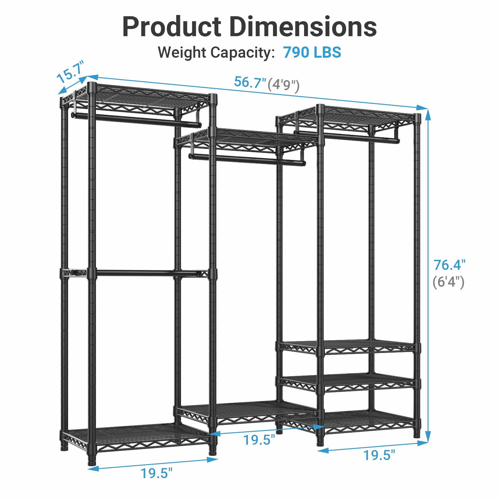 VIPEK V5 Portable Closet Wardrobe Heavy Duty Clothes Rack, Freestanding Clothing Rack with 4 Hang Rods & 8 Shelves, Adjustable Custom Closet Rack