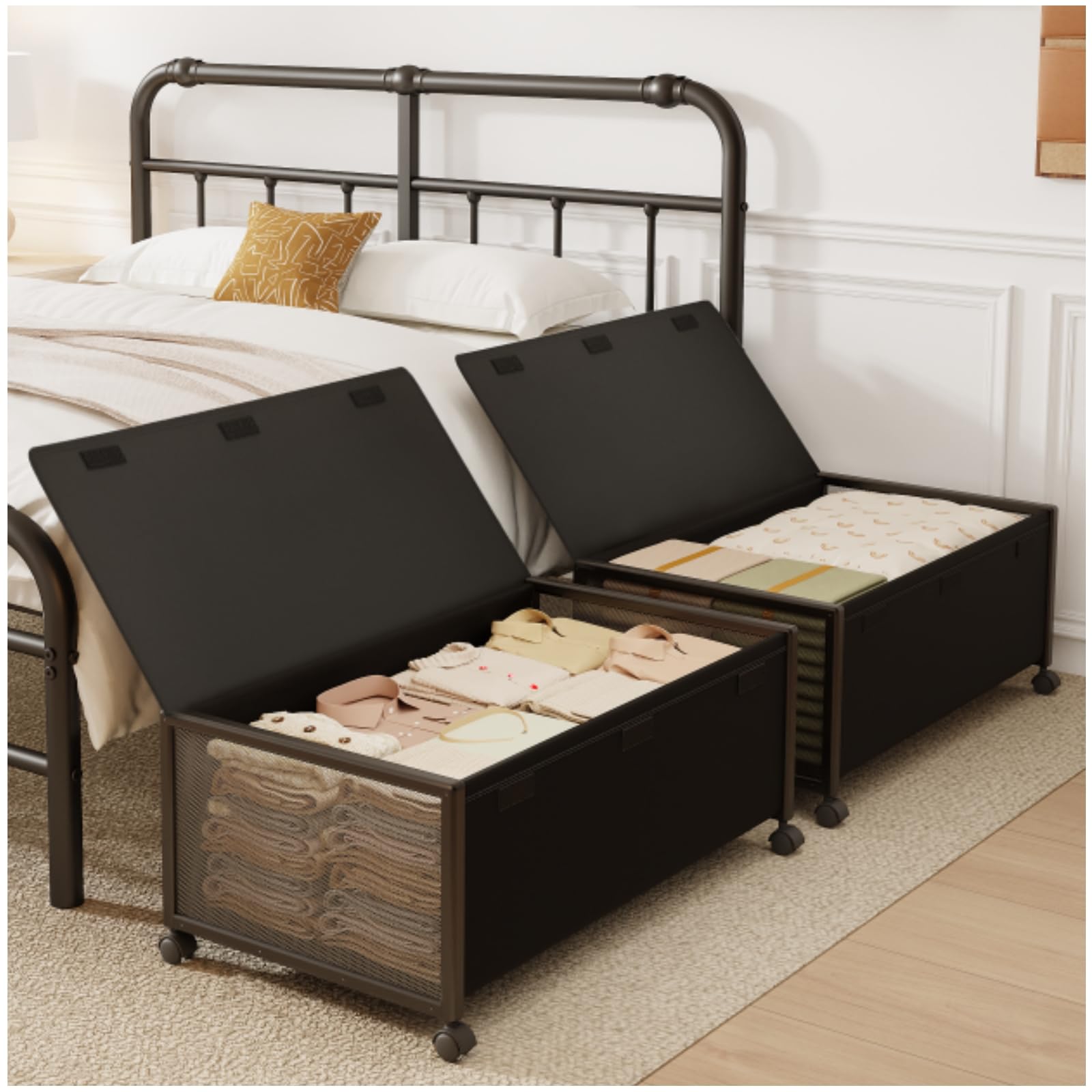 Fokyfok 2 Pack Under the Bed Storage Containers,31 inch Long Underbed Storage with Wheels,12 inch Height Under Bed Shoe Storage,Large Rolling under bed Clothes Storage Drawers with Lid for Dorm,Parent