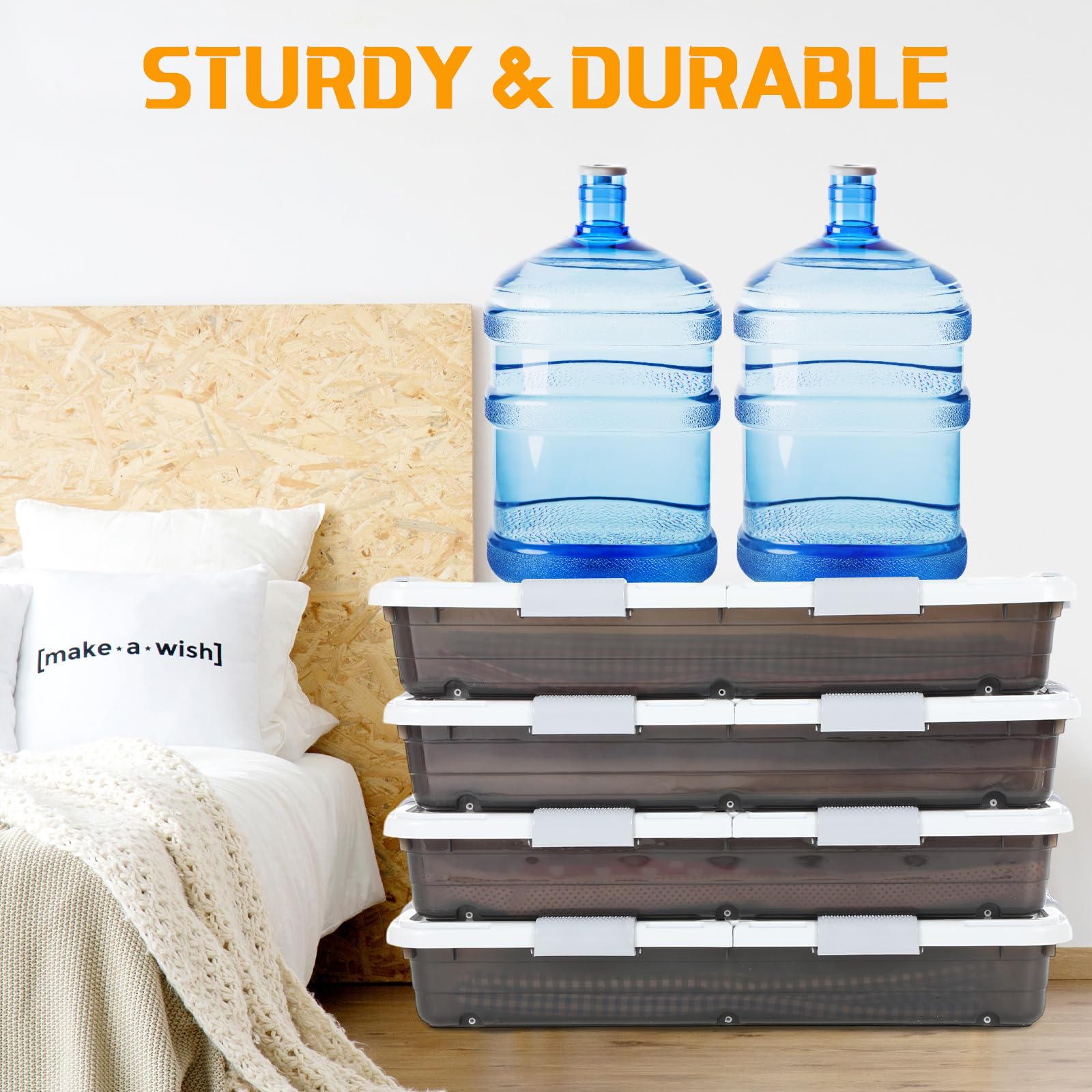 Beeveer 4 Pcs Plastic Under Bed Storage Container with Double Opening Lid Wheel Handle, Transparent Large Capacity Stackable Latching Festival Storage Bin for Closet Bedroom, 31.5x15.8x5.2 In