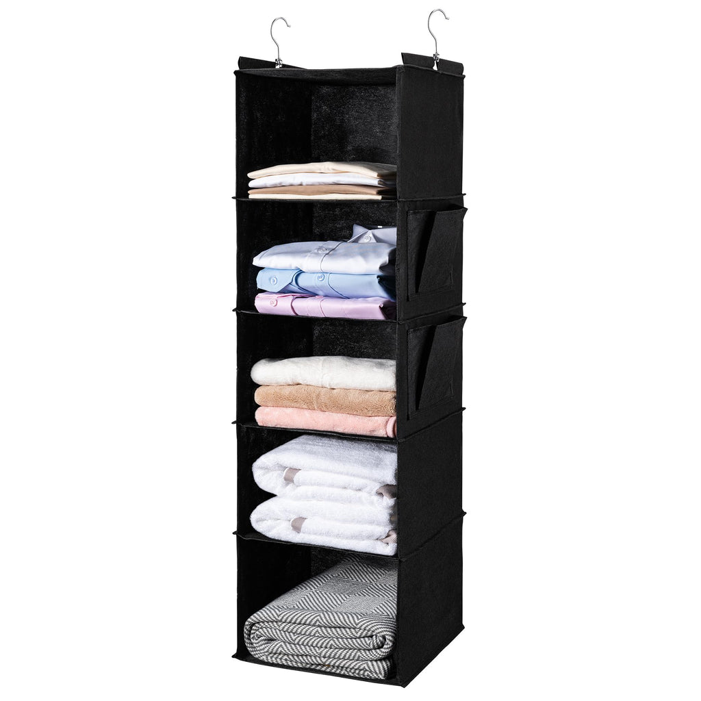 BOOMIBOO Hanging Closet Organize and Shelves，5-Hanging Shelf with 2 Side Pockets，Storage Foldable