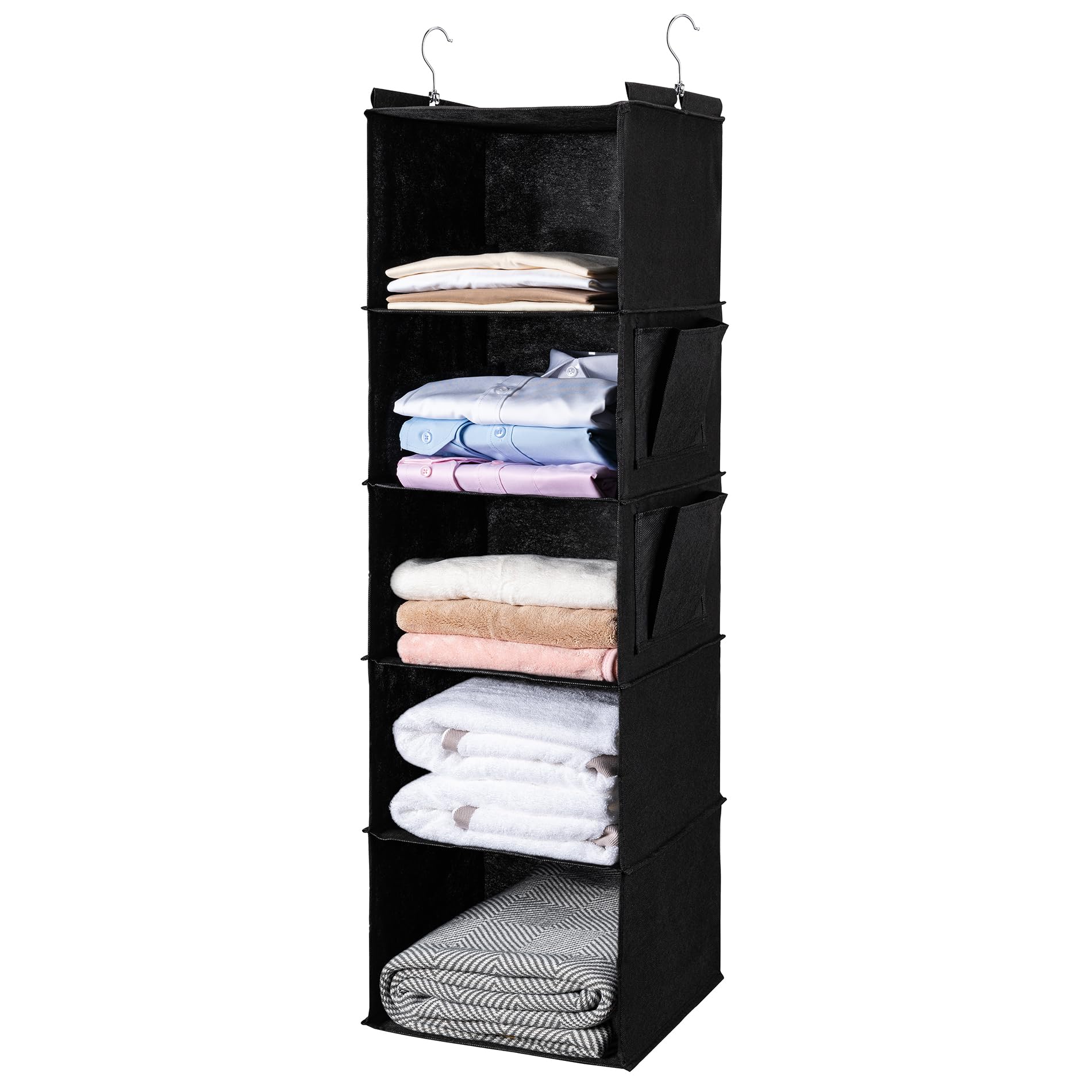 BOOMIBOO Hanging Closet Organize and Shelves，5-Hanging Shelf with 2 Side Pockets，Storage Foldable