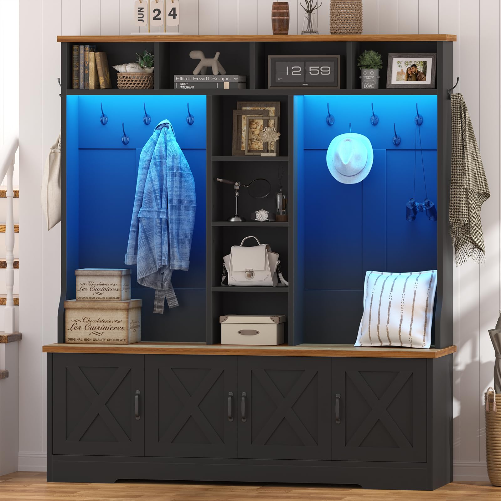 CSZZD Hall Tree with Bench and Shoe Storage, Farmhouse Entryway Bench with Coat Racks and Led Lights, Tall Hall Tree with 7 Coat Hooks, 6 Storage Cubbies
