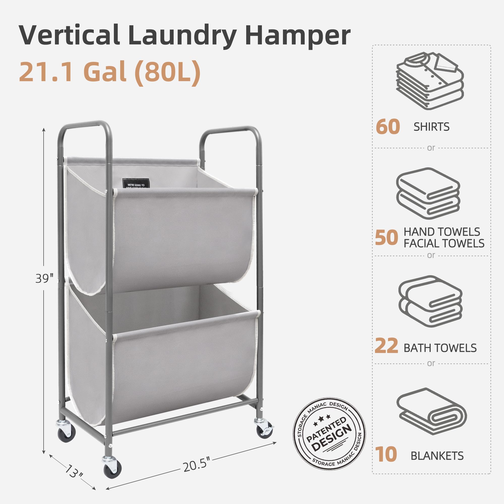 STORAGE MANIAC 80 Liters Vertical Rolling Laundry Hamper, 2 Section Laundry Sorter with Wheels and 2 Breaks, 2-tier Laundry Baskets for Small Space, Dorm, Laundry Room, Closet, Bathroom