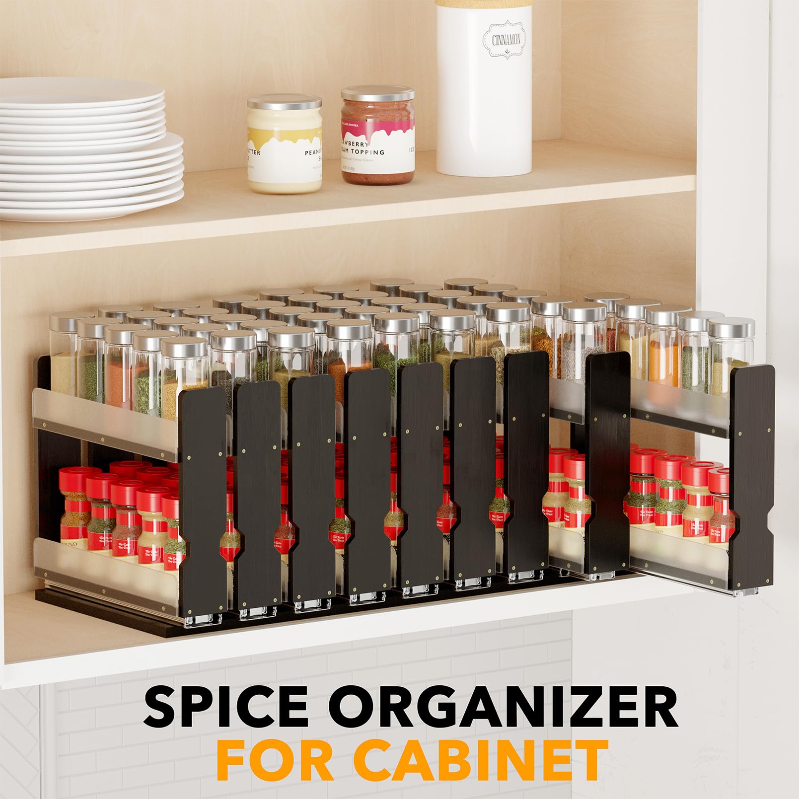 SpaceAid Bamboo Pull Out Spice Rack Organizer for Cabinet, Heavy Duty Slide Out Seasoning Kitchen Pantry Sliding Vertical Organization, 7.6" Wide, 3 Drawers(2" Wide), 2-Tier