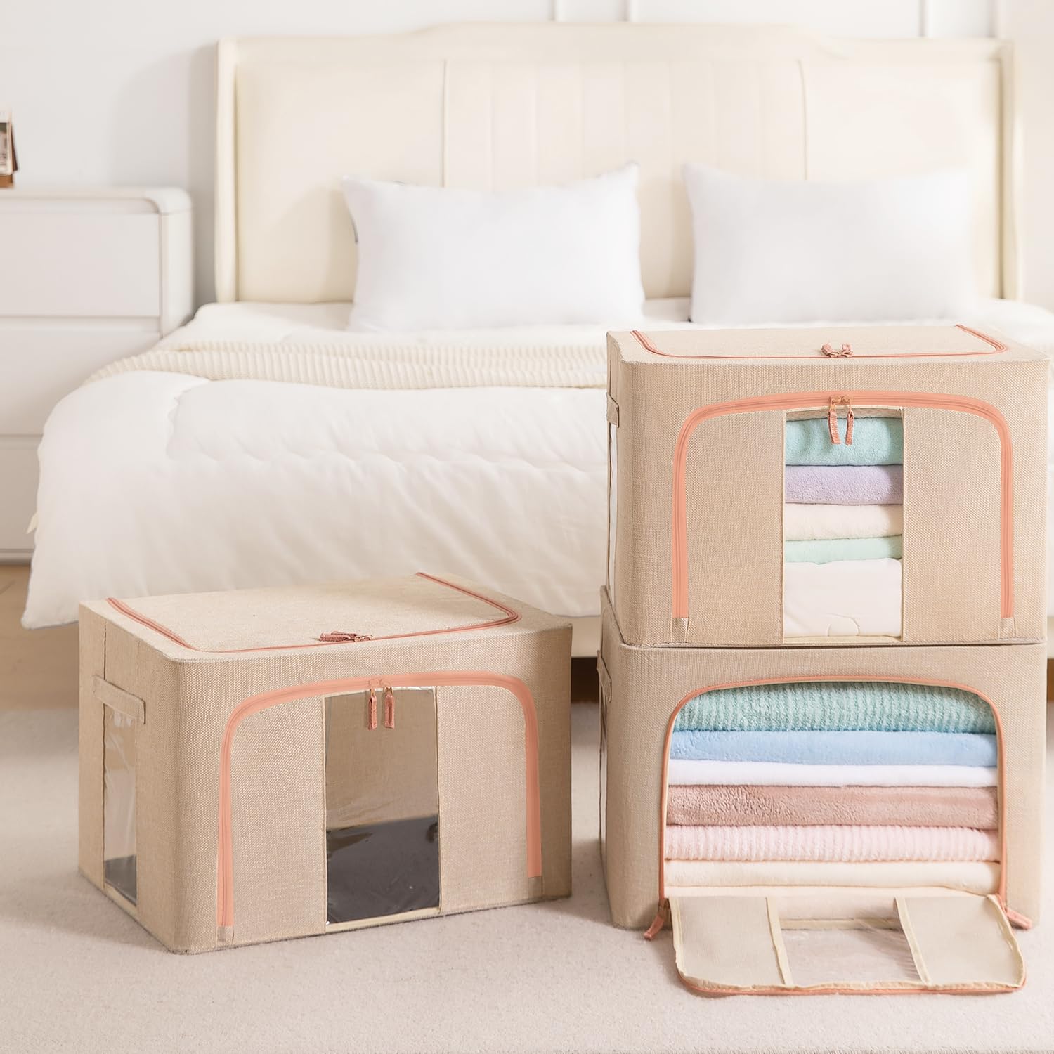 GuliPostan 3 Pack 100L Stackable Clothes Storage Bins with Metal Frame Handles & Zipper, Collapsible Closet Organizer Box with Lid for Bedding Blankets Towel (Beige)