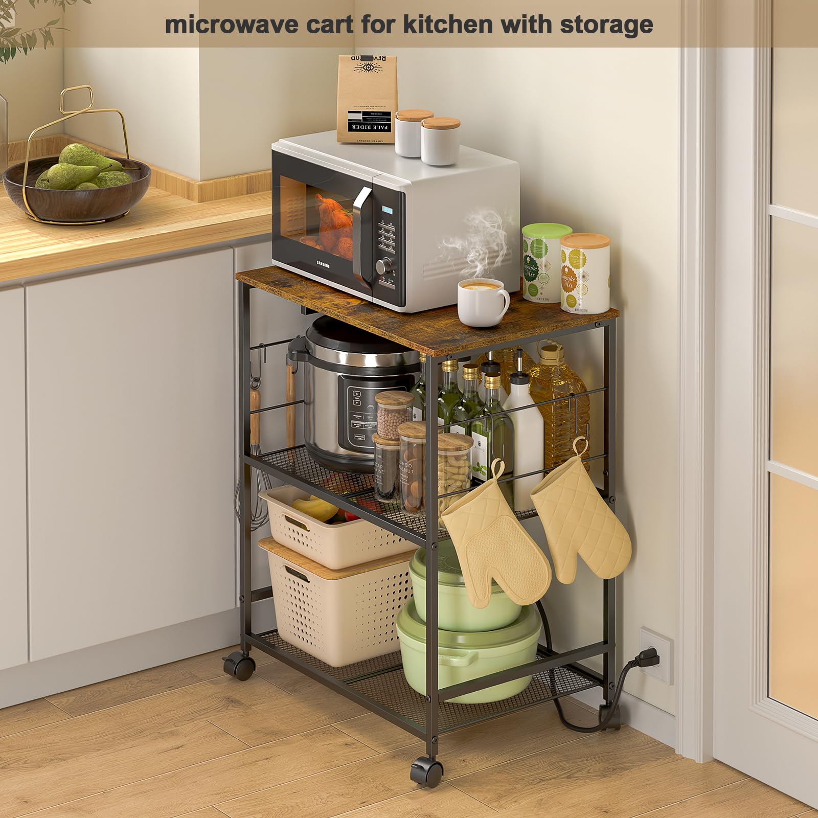 ThreeHio Rolling Kitchen Microwave Cart, 3 Tier Microwave Table Stand with Storage, Kitchen Utility Cart on Lockable Wheels, Small Coffee Cart Shelf Rack Organizer for Living Room Office, Balcony